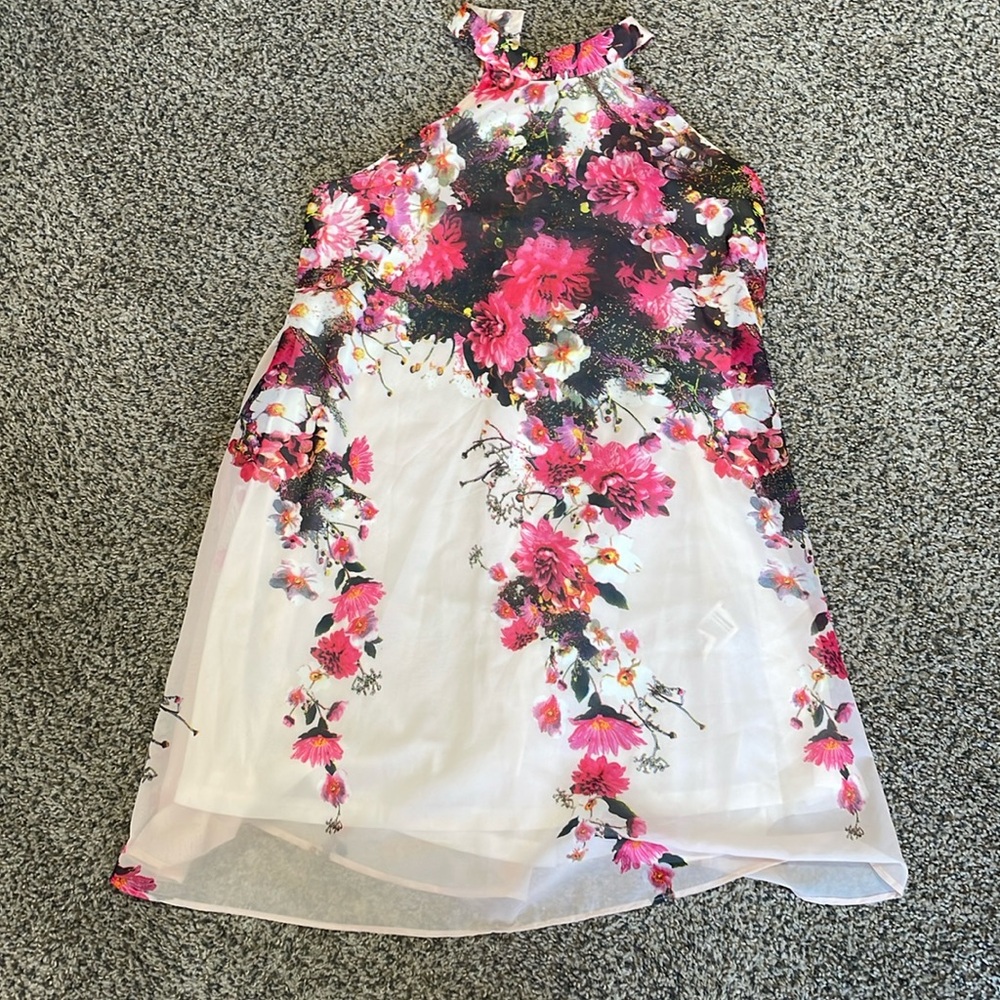 Pink Floral High Neck Short Dress